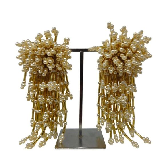 Vintage Gold and Pearl Tassel Clip-On Earrings | Statement 4.44" Design - Picture 1 of 5